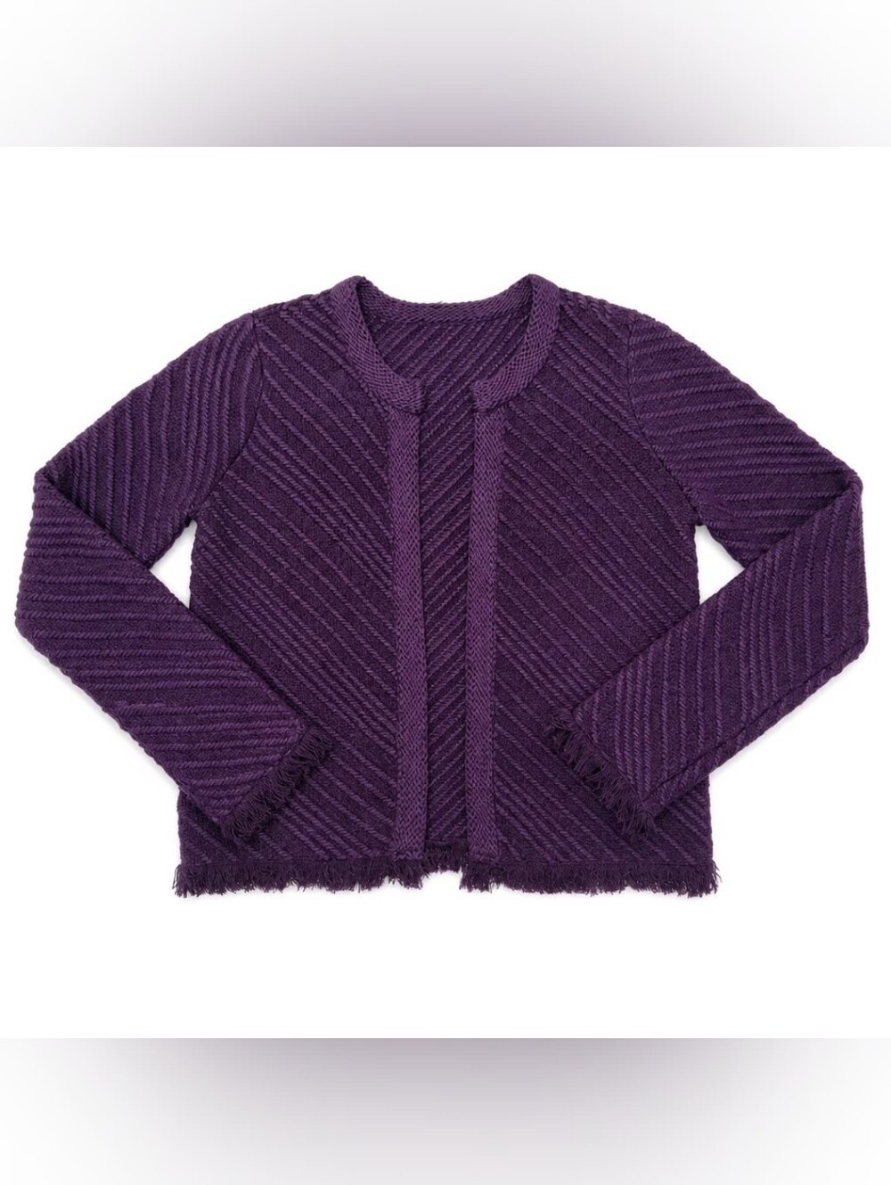 Ann Taylor Chevron Textured Open Front Frayed Fringe-Edge Purple Cardigan Sz Sm